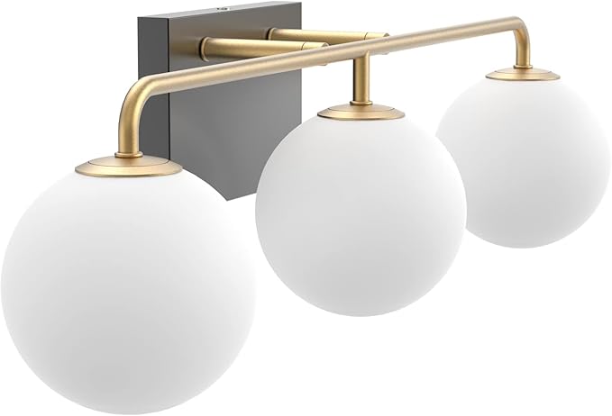 Tipace Mid Century Modern Gold 3-Lights Vanity Light Fixtures with Milky White Glass Ball Shades Industrial Vanity Lighting Over Mirror Wall Sconces for Bathroom Dressing Table Bedroom(Exclude Bulb)
