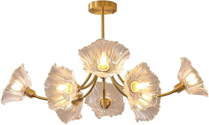 Gold Brass Ceiling Lights Fixture Semi Flush Mount Chandelier 8-Lights with Clear Glass Flower Shape Gold Mid Century Modern Ceiling Lighting for Bedroom Living Room Dining Room