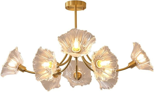 Gold Brass Ceiling Lights Fixture Semi Flush Mount Chandelier 8-Lights with Clear Glass Flower Shape Gold Mid Century Modern Ceiling Lighting for Bedroom Living Room Dining Room