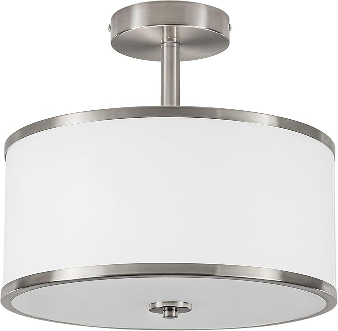 BUXVRCS Semi Flush Mount Ceiling Light Fixture, 3-Light Drum Lighting Fixtures, Hallway Light Fixture Ceiling Mount with Fabric Shade, Close to Ceiling Light for Bedroom Bathroom (Brushed Nickel)
