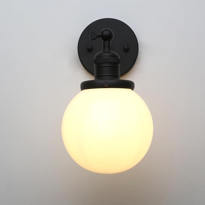 Phansthy 1-Light Wall Sconce, Brass Boho Bathroom Vanity Light, Modern Wall Light with Globe Glass Shade E26 Base, Adjustable Wall Lighting Fixtures for Bedroom, Living Room (Black, White Shade)