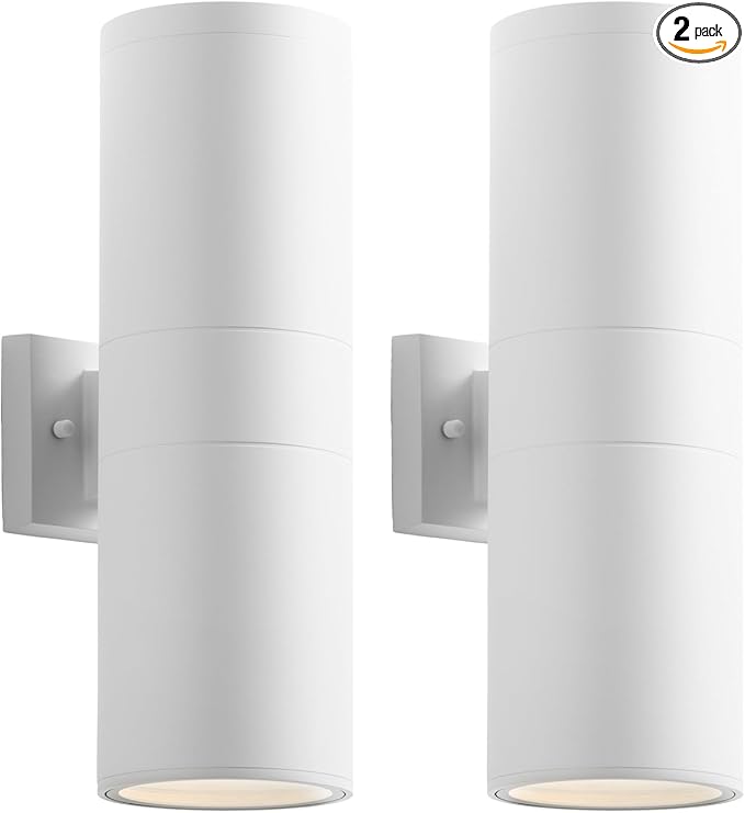 mirrea 18" Modern Outdoor Porch Light Patio Light in 2 Lights with Aluminum Cylinder and Tempered Glass Cover Waterproof Wall Sconce 2 Pack (Matte White)