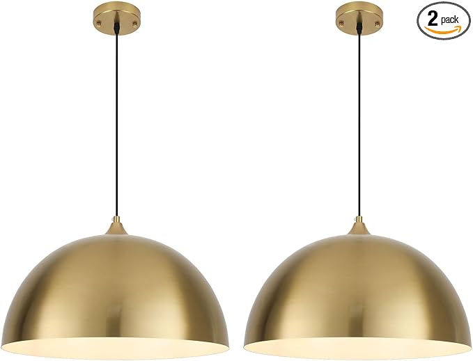 Gold Pendant Lights Kitchen Island, 16 Inch Gold Dome Pendant Light, Modern Farmhouse Pendant Light for Kitchen Island, Dining Room, Cafe, Bar, 2 Pack