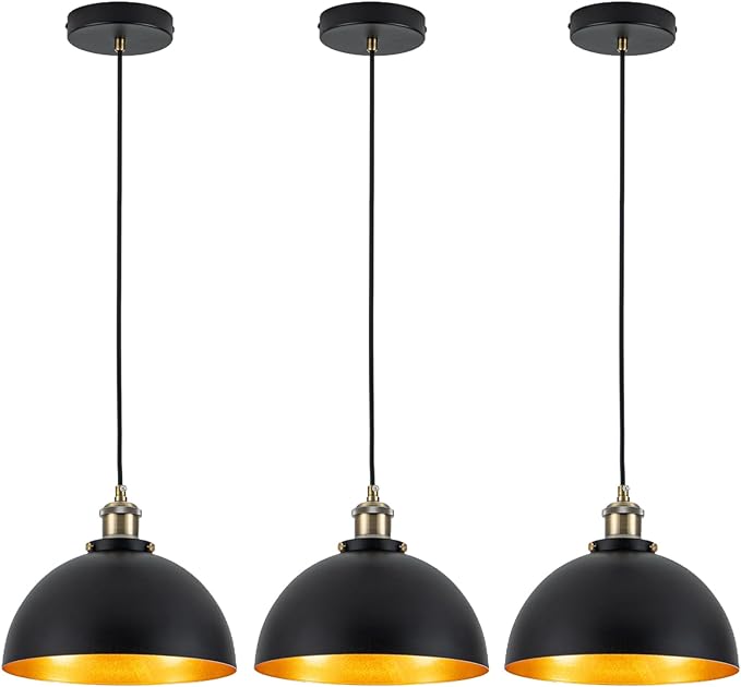 9.84" Modern Industrial Black Pendant Lights Farmhouse Dome Black Gold Pendant Lighting Fixture Vintage Golden Pendant Light for Kitchen, Dining Room, Bedroom, Hallway, Living Room, Set of 3