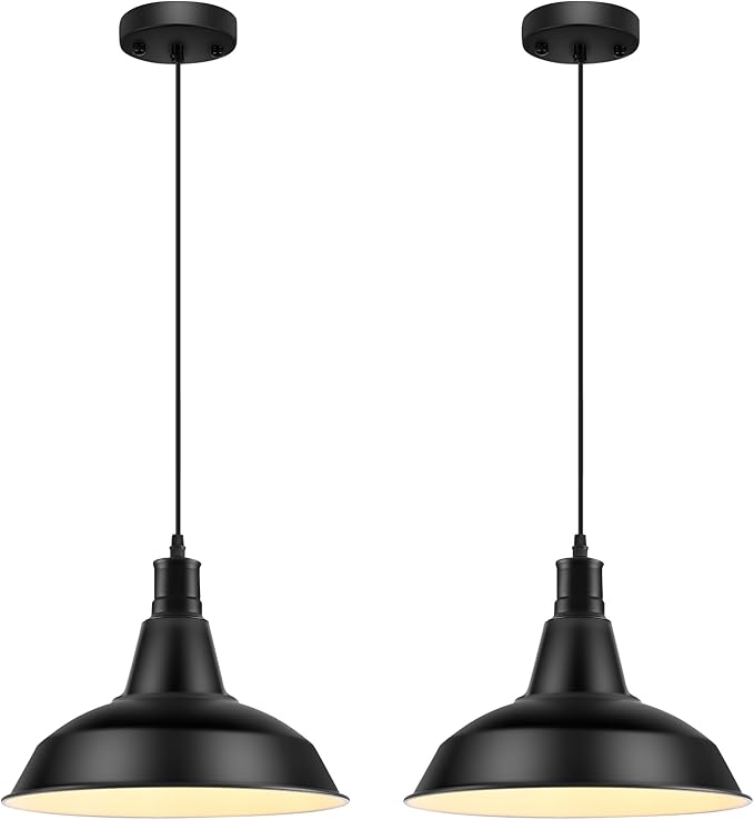 LOEHINLE Pendant Light Fixtures, 2Pcs Farmhouse Kitchen Island Lights Fixture, Industrial Hanging Pendant Lighting for Dining Room Bedroom, Black Metal Pendant Lamp, E26 Base, 12.2in