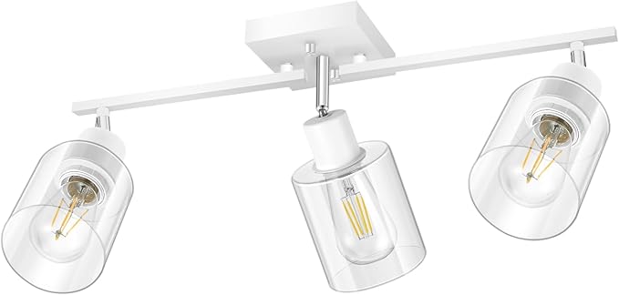 Track Lighting Kit, Track Lighting Fixtures Ceiling Kitchen, 23" White 3-Light Ceiling Spotlight with Clear Glass Shade, Rotatable Track Head, White Wall Lamp for Island, Vanity(E26 Base, No Bulb)