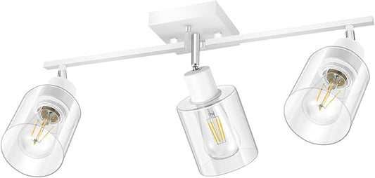 Track Lighting Kit, Track Lighting Fixtures Ceiling Kitchen, 23" White 3-Light Ceiling Spotlight with Clear Glass Shade, Rotatable Track Head, White Wall Lamp for Island, Vanity(E26 Base, No Bulb)