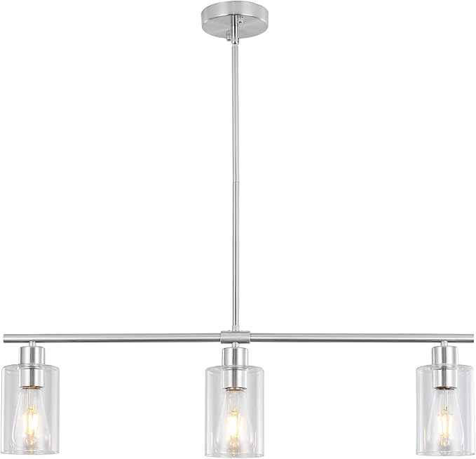 3 Lights Kitchen Island Lighting Brushed Nickel Pendant Light Fixtures with Glass Shade 31" Dining Room Chandeliers Adjustable Height Modern Linear Ceiling Hanging Light for Living Room, Foyer