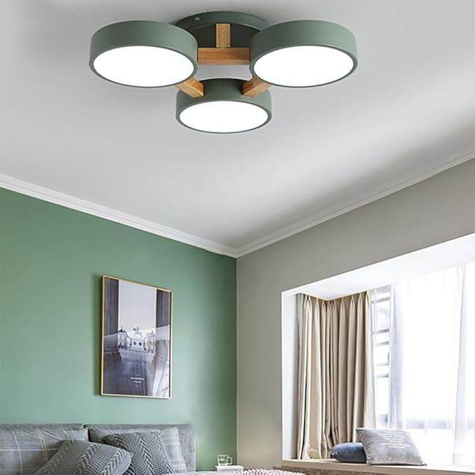 LED Ceiling Light Fixture,21 Inch 3-Lights Modern Ceiling Lights Flush Mount Wooden 33W Chandelier for Living Room Bedroom Kitchen,Dimmable 3000K/4000K/6000K Temperatures Selectable, Green