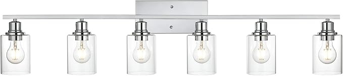 VINLUZ 6 Lights Bathroom Vanity Light in Chrome Finish with Clear Cylinder Glass Shade Industrial Wall Light Fixtures Over Mirror for Dressing Table Bedroom