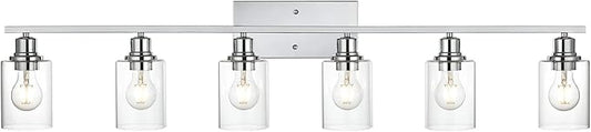 VINLUZ 6 Lights Bathroom Vanity Light in Chrome Finish with Clear Cylinder Glass Shade Industrial Wall Light Fixtures Over Mirror for Dressing Table Bedroom