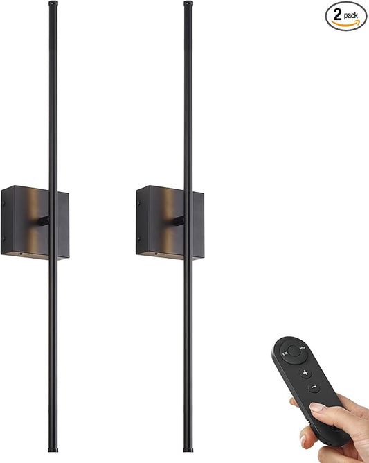 KARTOOSH Battery Operated Wall Sconces with Remote Control, Dimmable Wall Sconces Set of Two, 350°Rotate, 3000K LED Black Wireless Wall Light for Living Room, Hallway, Bedroom, 40.1 Inch (2 Pack)