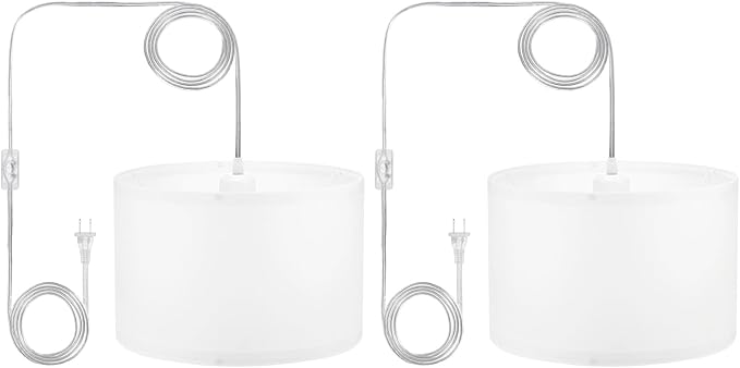 PATIKIL Plug in Pendant Light, 2 Pack 15Ft Rope Cord Hanging Lamp Fixture with ON/Off Switch, Linen Fabric Shade E26/E27 Bulb Socket for Bedroom Kitchen Living Room, White
