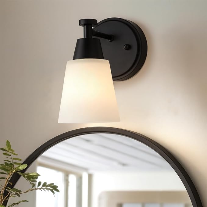 Bathroom Vanity Light, 1-Light Wall Sconce, Matte Black Wall Sconce with Milk Glass