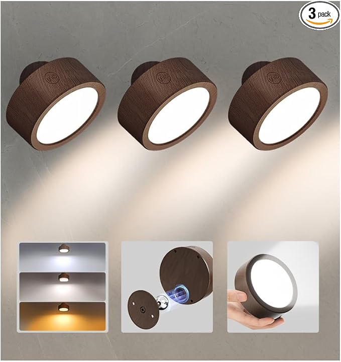 EZVALO LED Wall Mounted Light, 3000mAh Rechargeable Cordless Wall Sconce, Dimmable with Remote & Touch Control, 3 Color Temps, 360° Rotatable for Bedroom, Bedside, Reading(Walnut, 3Pack)