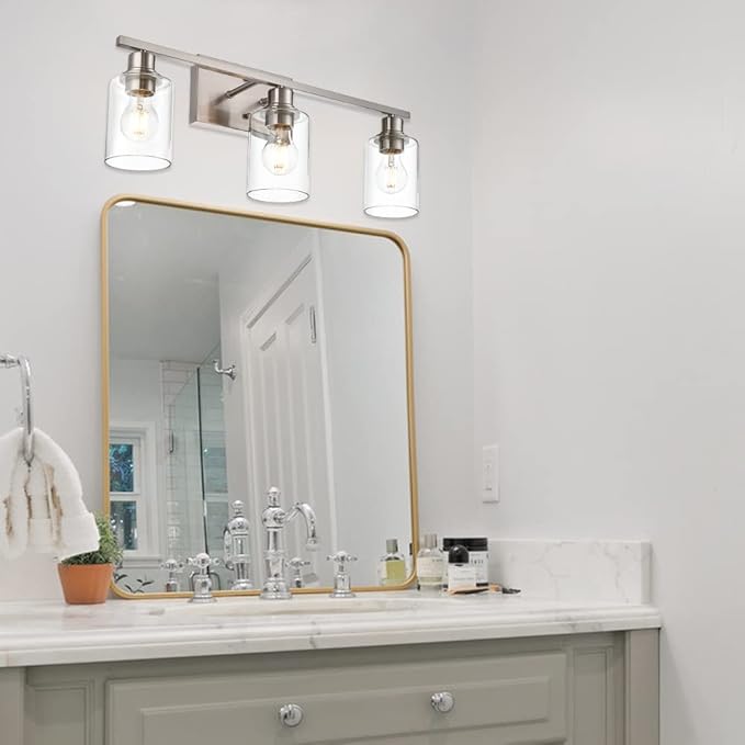 VINLUZ Metal Brushed Nickel 3 Lights Wall Light,Indoor Vanity Light Fixture with Clear Glass Shade Farmhouse Bathroom Lighting Fixtures Over Mirror for Porch Workshop
