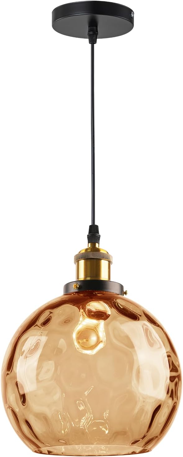 Amber Pendant Light Fixture, 7.8" Hammered Glass Globe Pendant Light with Brass Gold Cap, Adjustable Height 1-Light Vintage Hanging Light for Kitchen Island Dining Room Bedroom