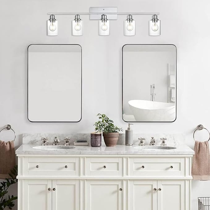 VINLUZ 5 Light Bathroom Lighting Fixture in Chrome Finish,Contemporary Indoor Wall Lights with Clear Cylinder Glass Shade Classic Vanity Light for Stair Entryway Hallway