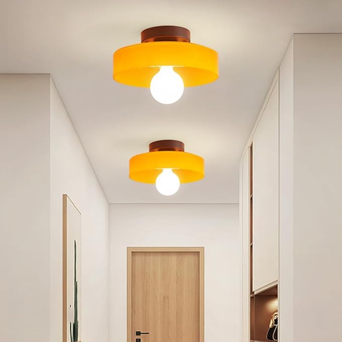 Mid Century Orange Glass Semi Flush Mount Ceiling Light with Milk Globe Nordic Modern Green Hallway Lighting Fixtures Round Bedside Wall Mount Lamp for Bedroom Cloakroom Stairway