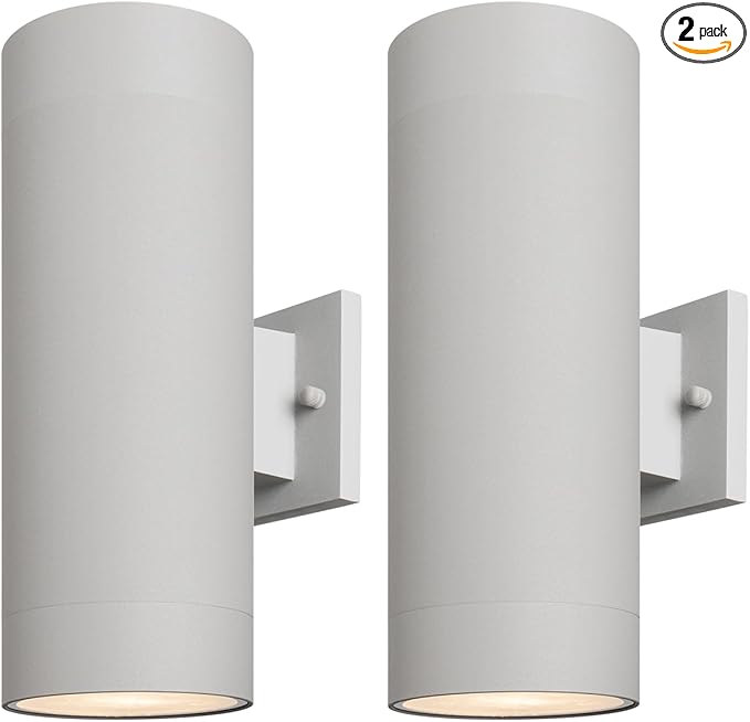 mirrea 14" Modern Outdoor Porch Light Patio Light in 2 Lights with Aluminum Cylinder and Tempered Glass Cover Waterproof Wall Sconce 2 Pack (Matte Gray)