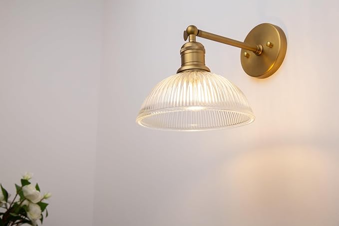 Yosoan Antique Brass Indoor Wall Sconce, 1-Light Modern Vanity Light Vintage Industrial Single Lamp Hardwired Clear Striped Bowl Glass Shade for Living Room Kitchen Bedroom Home Decor(Antique)