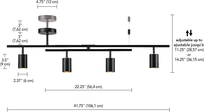 Globe Electric 57500 4-Light Track Lighting, Matte Black, Adjustable Center Swivel Bar, Modern Ceiling Fixture for Kitchen Island, Hallway, or Dining Room Table, GU10 Bi-Pin Twist and Click Base