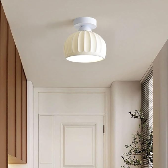 KISAD Modern Minimalist Semi-Flush Mount Ceiling Light Nordic Stripe Ceramics Small Ceiling Lamp Indoor Home Decor Fixture for Hallway Entryway Balcony Closet(White)