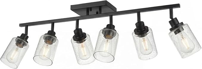 LOUSACE 6-Light Track Light Fixture, Black Bathroom Lighting Fixture Ceiling with Seeded Glass, Modern Directional Ceiling Spotlight Flush Mount for Living Room Bar Hallway Studio