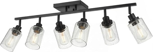 LOUSACE 6-Light Track Light Fixture, Black Bathroom Lighting Fixture Ceiling with Seeded Glass, Modern Directional Ceiling Spotlight Flush Mount for Living Room Bar Hallway Studio