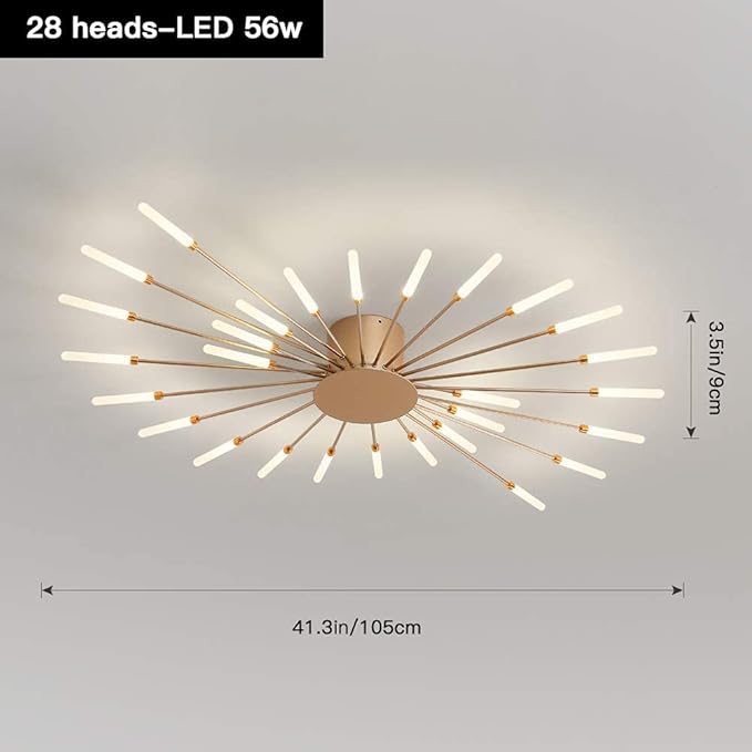 JAYMP 41.3" Ceiling Light Modern Flower Shape Ceiling Lamp for Dining Room Kitchen Hallway Flush Mount Metal Acrylic Sputnik Firework Petal LED Lighting Fixture (Matte Gold, 28 Lights)