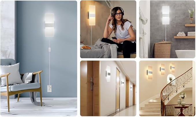 GOODATE Plug in Wall Sconces with Stepless Adjustable 3000K-6500K Colors and 10%-100% Brightness, Sconces Wall Lighting with Remote Control 12W Acrylic LED Wall Lamp with 6FT Plug in Cord, 2 Pack