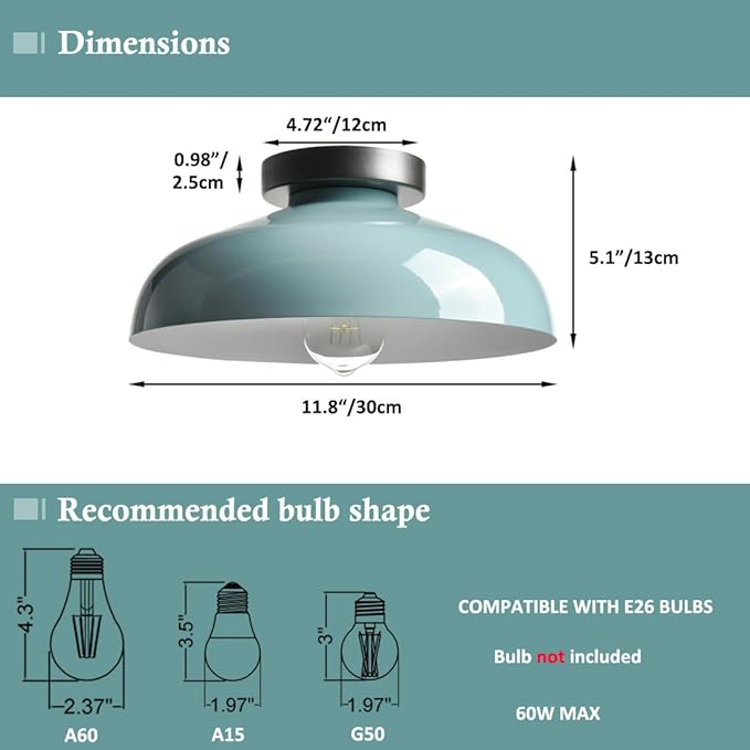 DIRYZON Modern Macaron Ceiling Light,12-Inch Semi Flush Mount Ceiling Light with Metal Barn Shade for Bedroom Porch,Sea Blue Green