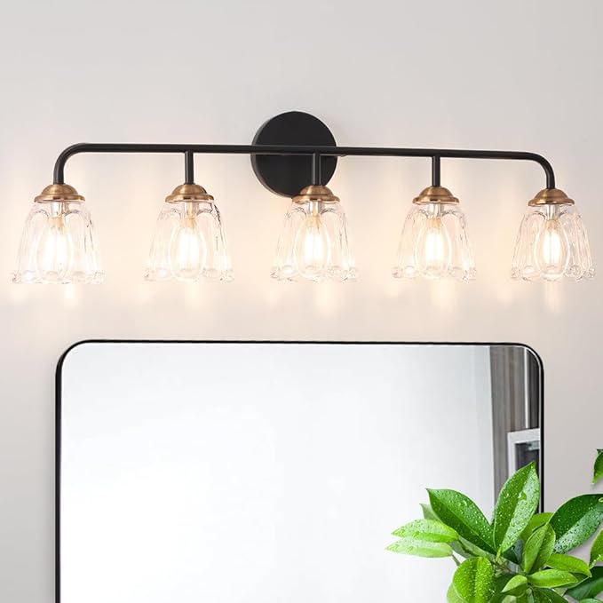 Daunton Vintage Vanity Lighting for Bathroom, Black and Gold Bathroom Vanity Light Fixtures with Clear Glass Shade, Elegant 5-Light Lighting Fixtures Over Mirror, Wall Sconce Lighting for Bedroom