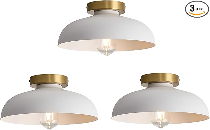 3 Pack Modern Semi Flush Mount Ceiling Light,Industrial White and Gold Ceiling Fixtures,E26 Ceramic Lamp Head Light Fixture for Kitchen Entryway Hallway Laundry Room Bedroom Foyer 11.8 Inch