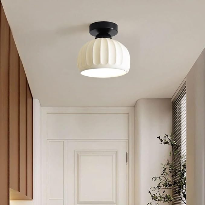 KISAD Modern Minimalist Semi-Flush Mount Ceiling Light Nordic Stripe Ceramics Small Ceiling Lamp Indoor Home Decor Fixture for Hallway Entryway Balcony Closet(Black)