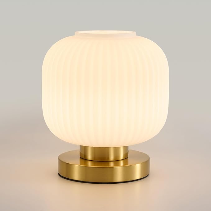 Dimmable Small Glass Table Lamp: Mid Century Modern Nightstand Light with Milk White Shade - Small Decorative Brass Desk Lamp - Ribbed Glass Bedside Tables Lamps for Bedroom Living Room Bulb Excluded