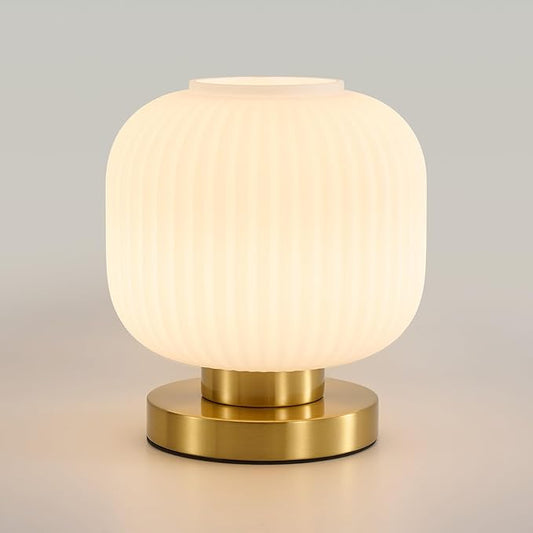Dimmable Small Glass Table Lamp: Mid Century Modern Nightstand Light with Milk White Shade - Small Decorative Brass Desk Lamp - Ribbed Glass Bedside Tables Lamps for Bedroom Living Room Bulb Excluded
