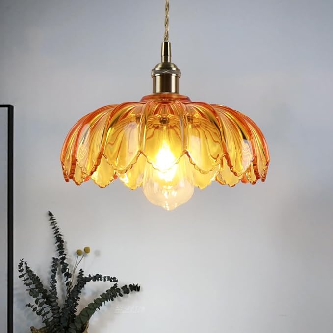 Plug in Pendant Light with Amber Glass Lamp Shade Brass Vintage Hanging Light Fixture Adjustable Chandelier for Kitchen Island Dining Room Bedroom Living Room Hallway