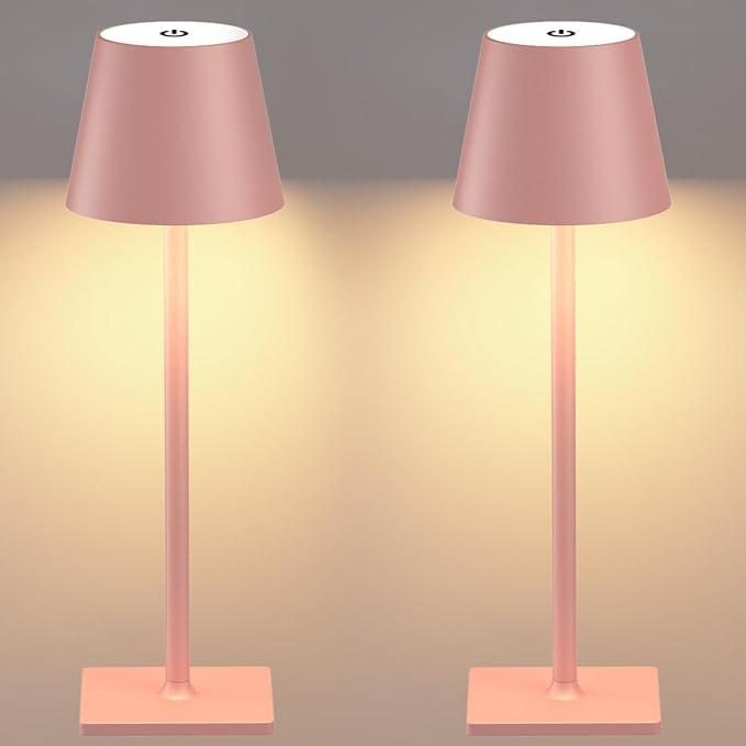 2 Pack Rechargeable Table Lamp - Cordless LED Lamp with 6000mAh Battery Operated LED Desk Lamp, Portable Table Light Outdoor for Dinner Patio Restaurant Bar Bedroom Coffee Shop Night Light(Pink)