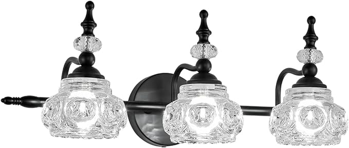 Vintage Bathroom Vanity Light Fixture, 3 Lights Bathroom Lighting Painted Black Surface with Thick Crystal Glass Shade, Vintage Vanity Light for Bedroom Living Room