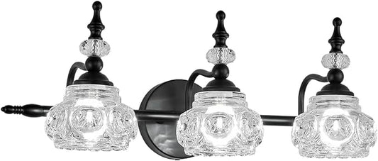 Vintage Bathroom Vanity Light Fixture, 3 Lights Bathroom Lighting Painted Black Surface with Thick Crystal Glass Shade, Vintage Vanity Light for Bedroom Living Room