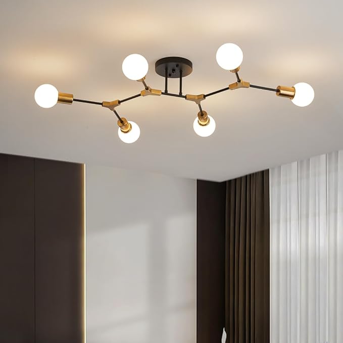 Modern Gold and Black Sputnik Semi Flush Mount Ceiling Light Fixture for Dining Room Living Room Bedroom Kitchen Closet Hallway Aisle, Mid Century Metal 6 Light Chandelier