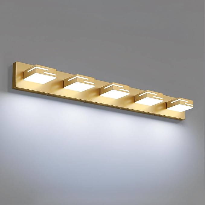 LED Modern Bathroom Vanity Light Fixtures, 5-Light 34-inch Dimmable Gold Vanity Lights for Bathroom Lighting Fixtures Over Mirror, with 360° Rotatable Heads (Cool White 6000K)