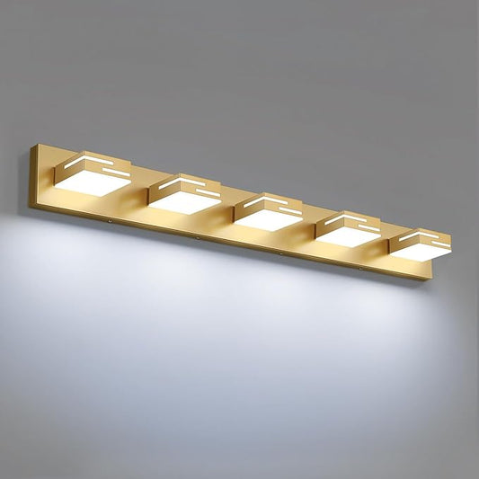 LED Modern Bathroom Vanity Light Fixtures, 5-Light 34-inch Dimmable Gold Vanity Lights for Bathroom Lighting Fixtures Over Mirror, with 360° Rotatable Heads (Cool White 6000K)