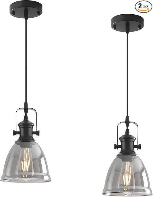 Black Pendant Lights Kitchen Island 2 Pack, 6.5" Modern Farmhouse Smoked Glass Pendant Light, Island Lights for Kitchen, Mini Pendant Lighting for Kitchen Island Dining Room