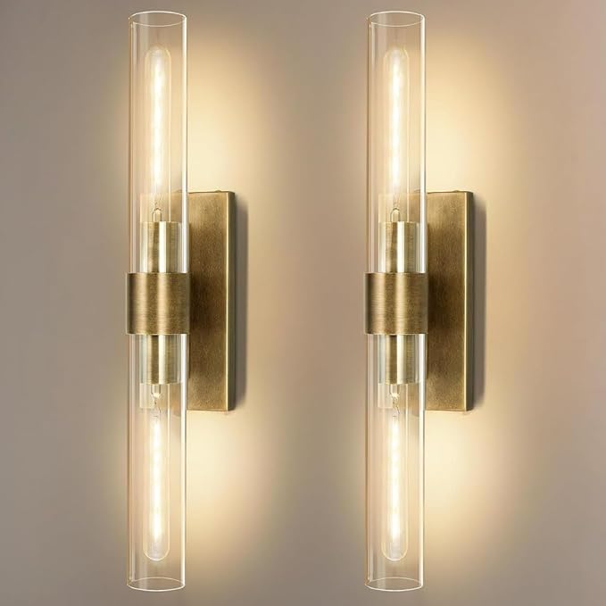 Wall Sconces Set of Two, 22.8" Gold Bathroom Sconces Wall Lighting with Clear Glass, Modern Sconces Wall Decor Brass Light Fixtures for Bathroom Mirror Living Room Hallway Bedroom
