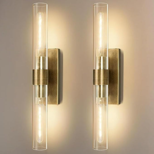 Wall Sconces Set of Two, 22.8" Gold Bathroom Sconces Wall Lighting with Clear Glass, Modern Sconces Wall Decor Brass Light Fixtures for Bathroom Mirror Living Room Hallway Bedroom