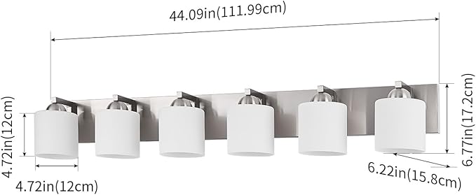 mirrea 44-Inch 6-Light Brushed Nickel Vanity Lights for Bathroom, Vanity Lighting Fixtures with Etched White Glass Shades