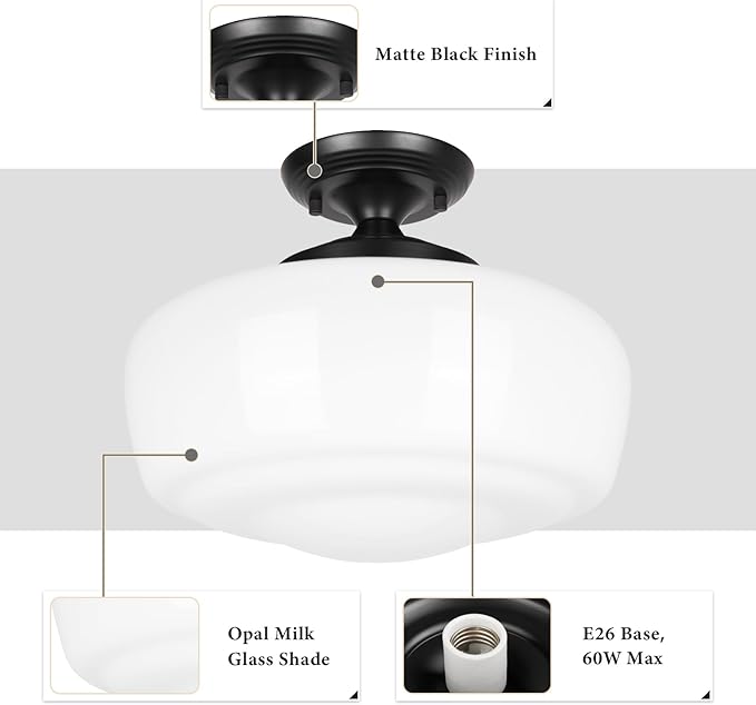 Large Schoolhouse Style Semi Flush Mount Ceiling Light Fixture, 14" Modern Hallway Ceiling Lamp with Opal Milk Glass Shade, Farmhouse Globe Light for Bedroom Kitchen Hallway Entryway Laundry