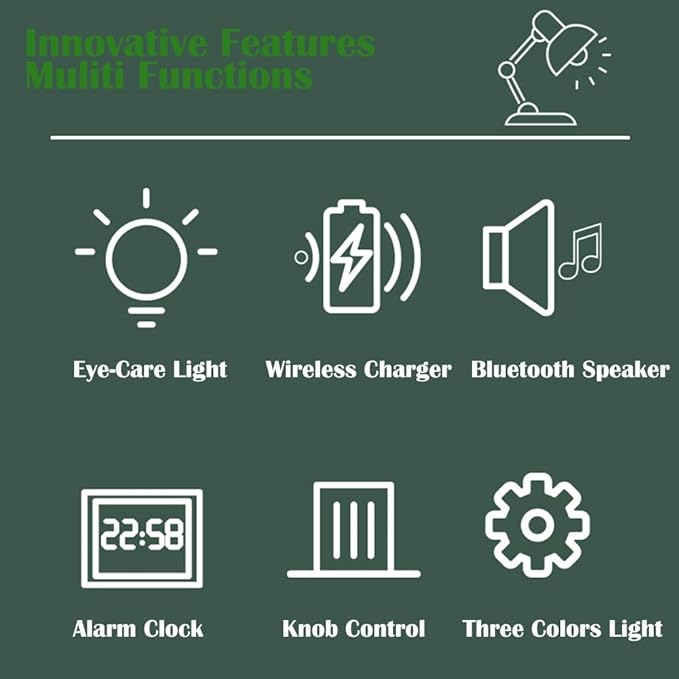 IHAO Smart LED Desk Lamp with Wireless Charger & Bluetooth Speaker, 15W Fast Charging Station for Phone & Earbuds Touch Control 3 Light Modes Alarm Clock Adjustable Eye-CareTable Lamp-HYT1772 Black